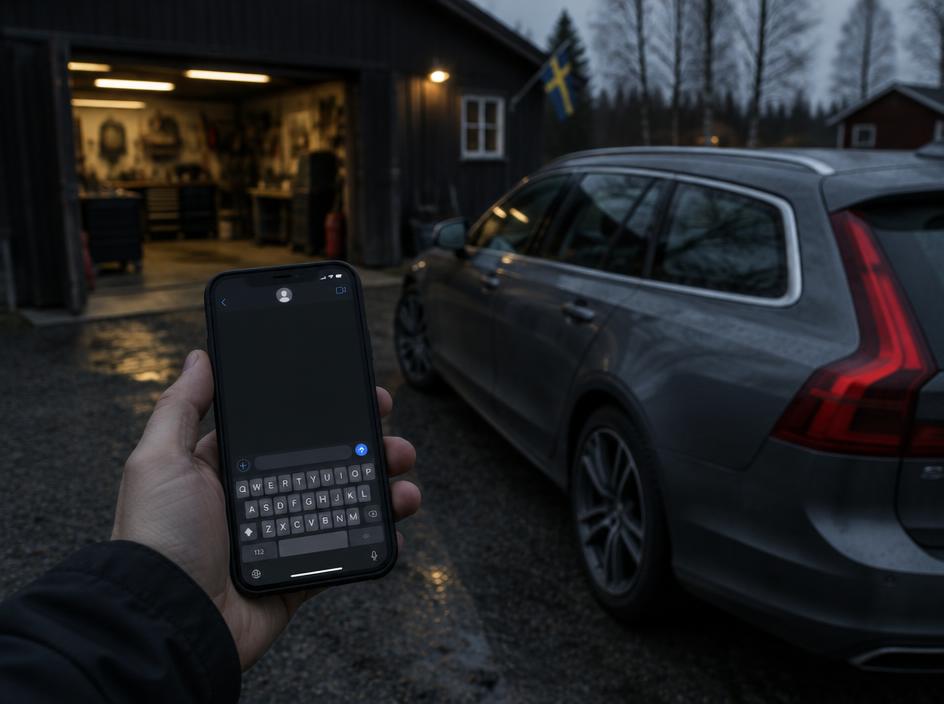 Hand som håller en telefon framför en kombi utanför verkstaden