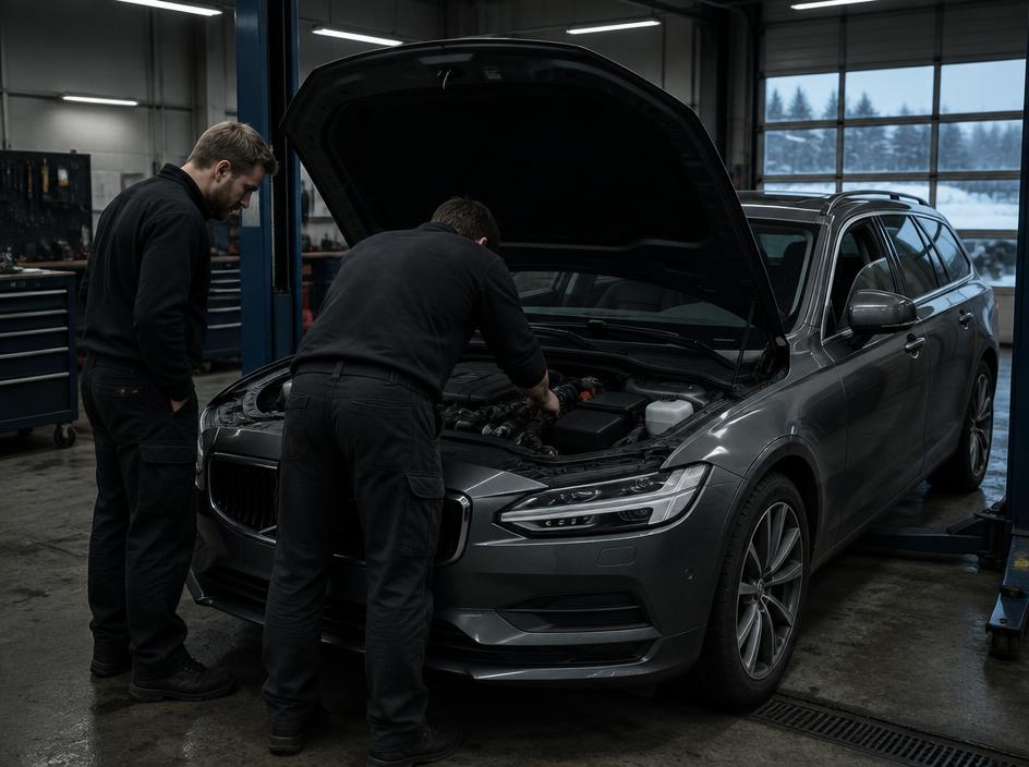 Två mekaniker som inspekterar ett motorrum